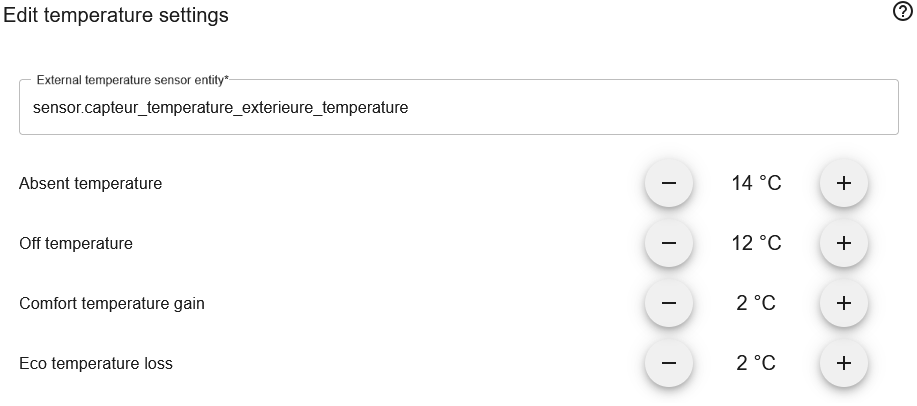 Formulaire des réglages de température